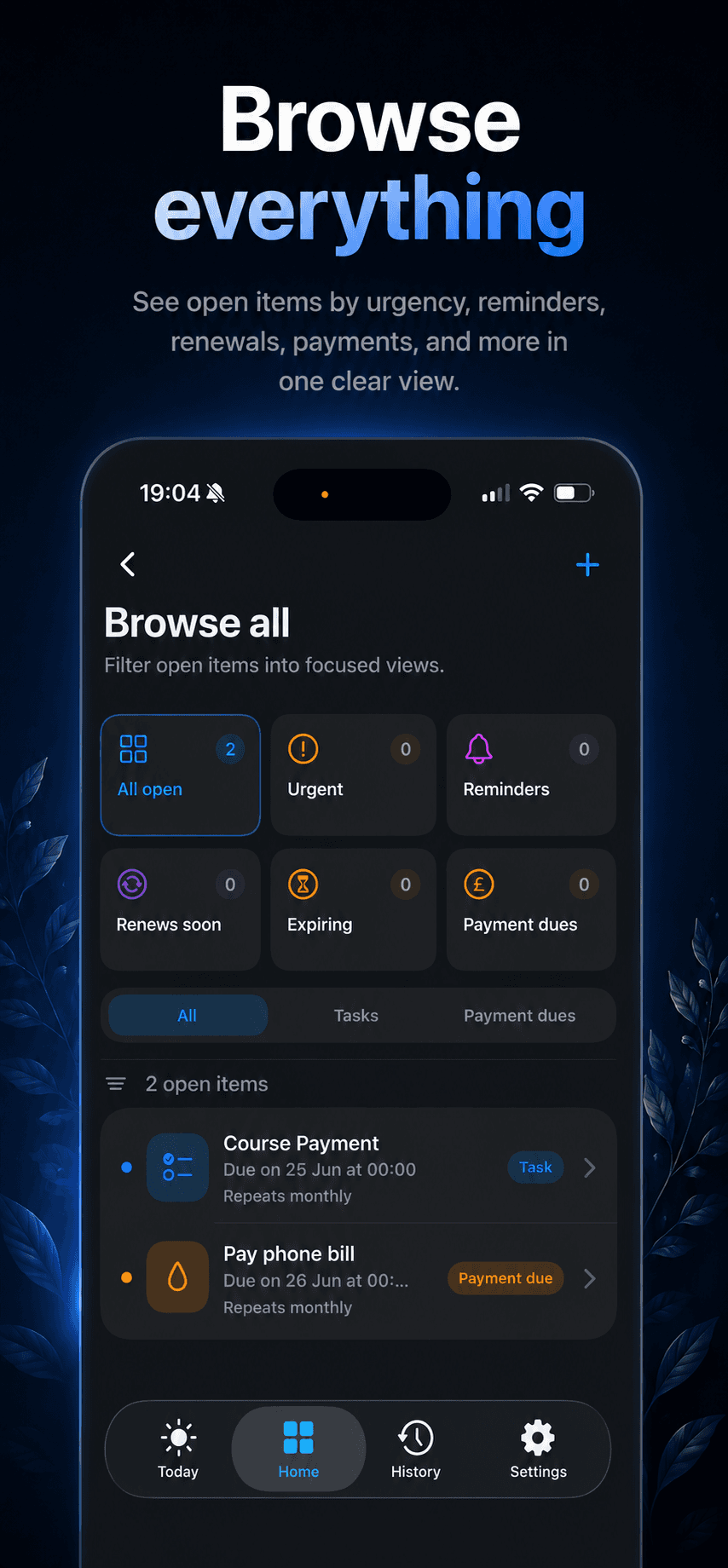 Orin Browse all screen grouping open items by urgency