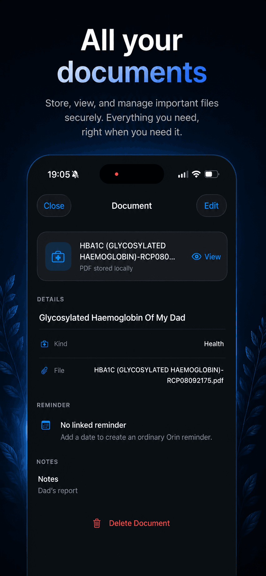 Orin document detail screen with a stored local PDF