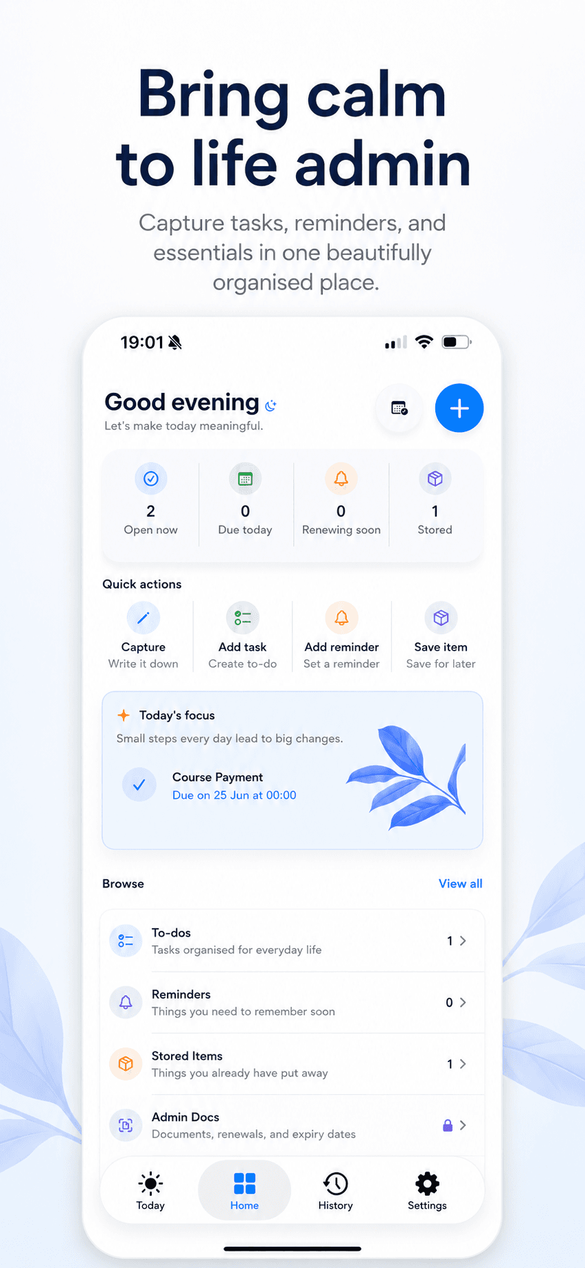 Orin Home screen showing calm life admin and quick actions