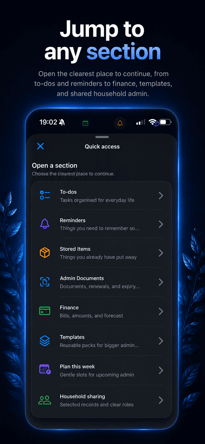 Orin Quick access sheet showing life admin sections