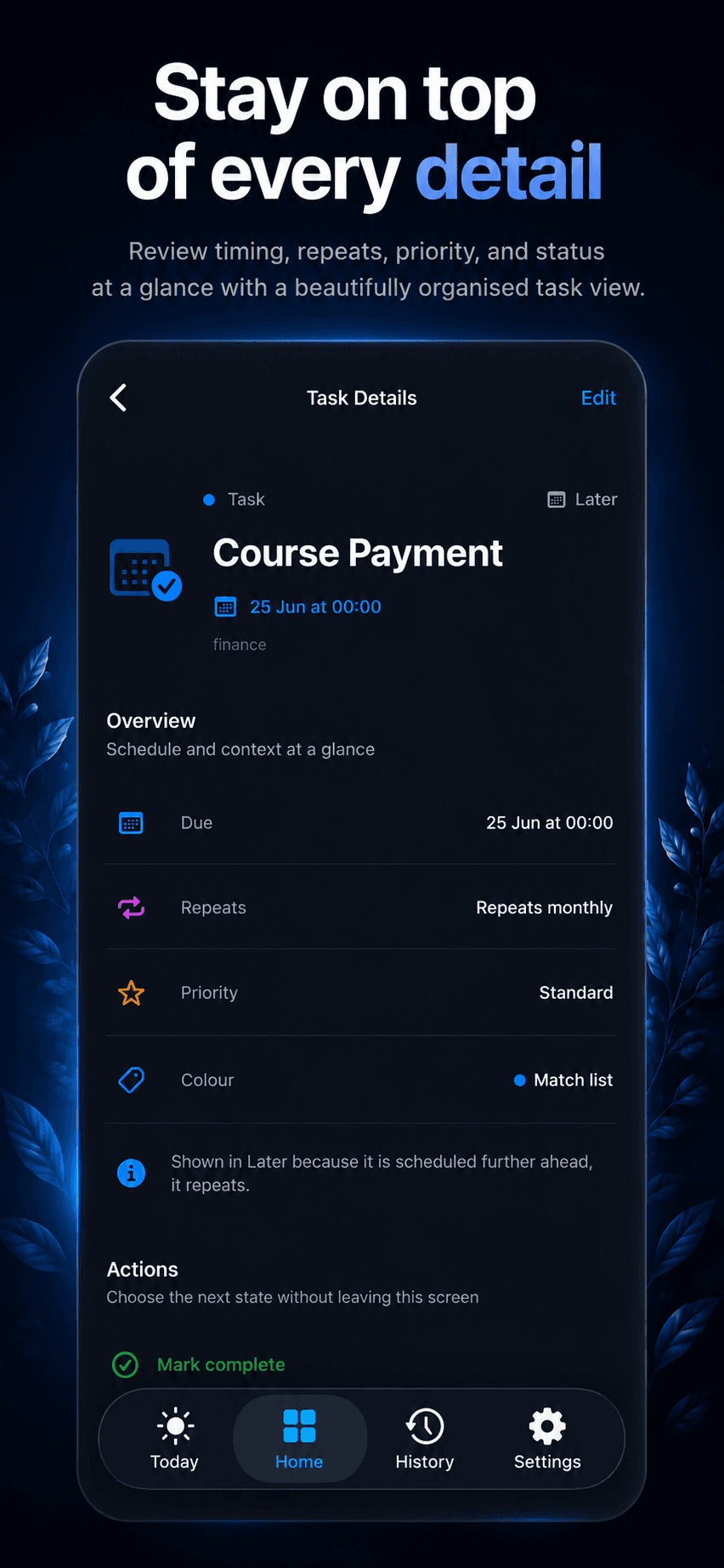 Orin task detail screen showing timing, repeats, and priority